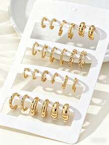 24pcs/Set Minimalist Fashion Versatile Stud Earrings Set, Including Plain, Twisted, Rhinestone Designs, Suitable For Women's Daily Wear, Dates, Vacations, And Holiday Gifts - Yellow Gold - View 4