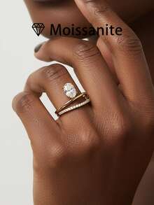 1 chiếc nhẫn cưới nữ, kiểu dáng 2 trong 1 đính đá bán phần, bạc sterling 925 3.8g, đá Moissanite 2ct, phong cách cung điện Bohemian sang trọng, thích hợp làm quà tặng đính hôn, cưới, kỷ niệm, ngày Valentine, kèm giấy chứng nhận Moissanite và hộp quà thanh lịch. - Vàng - Xem 6