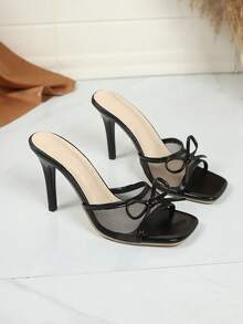 Giày sandal mùa hè mới bằng da mềm mũi vuông, sandal cao gót lưới thoáng khí thắt nơ, dép lê gót nhọn đa năng, giày cao gót màu đen dành cho nữ. - màu đen - Xem 2