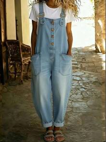 Women's Denim Overalls Jumpsuit, Loose Wide Leg Jeans With Adjustable Straps And Pockets, Vacation Outfits Women For Fall Streetwear - 黑色 - 查看 2