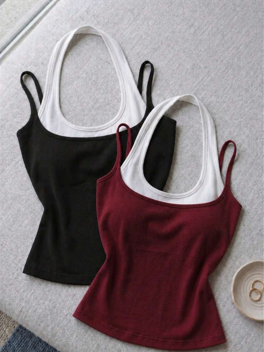 Women's Two-Pack Layered Look Tank Top, Slim Fit Sleeveless Bodycon Casual Basic Top - Burgundy - View 1