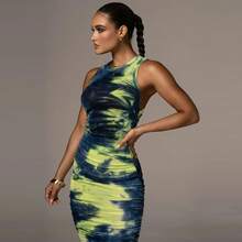 2024 sin mangas cuello redondo Tie tinte estilo Patchwork ajustado Mini vestido Primavera Verano mujeres moda Sexy fiesta Club Wear - 522-Verde - Ver 4
