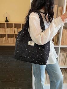 1 Piece Solid Color Rhinestone Magnetic Closure Women's Bag, Fashionable Versatile Casual Large Capacity Shoulder Tote Bag, Suitable For Daily Use - Black - View 6