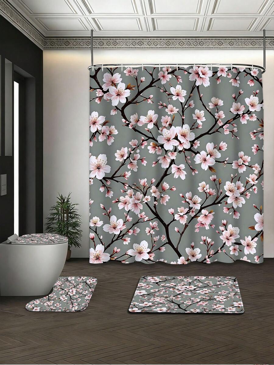 1/3/4 Pcs Gray Sakura Floral Bathroom Set, Elegant Vintage Pink Sakura Branch Print Waterproof Mildew-Proof Shower Curtain, Soft Anti-Slip Bathroom Rug + Toilet Seat Cover + U-Shaped Mat, 12 Hooks Included, Suitable For All Seasons, Home Decor, Rental Renovation, Holiday Bathroom Refresh, Dry-Wet Separation Shower Room Use, Housewarming/Birthday/Children's Day/Mother's Day/Father's Day Gift