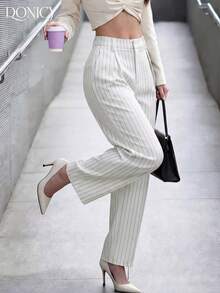 DONICY Quần nữ ống đứng xếp ly cạp cao màu trơn, mềm mại và thoải mái, thời trang, đa năng, thanh lịch, phù hợp cho sinh hoạt hàng ngày, hẹn hò, dự tiệc, công sở. - trắng - Xem 11