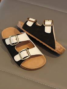 Kids Adjustable Strap Flat Slippers With Prominent Metal Buckle And Soft Cork-Textured Insole - Black and White - View 6