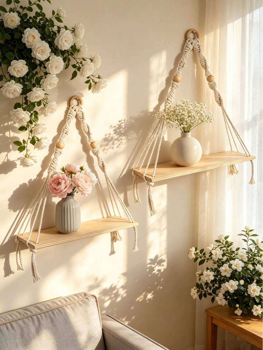 Bộ 1/2 kệ treo tường đan bằng hạt gỗ, giá đỡ chậu cây treo tường bằng dây thừng gỗ sáng màu, giá treo cây phong cách Boho Farmhouse, thích hợp cho phòng khách, phòng ngủ trong nhà, kệ lưu trữ treo tường phong cách Bohemian hiện đại, kệ treo tường đan bằng hạt gỗ đa chức năng, giá treo trang trí nhà cửa tối giản thanh lịch, giá trưng bày trang trí nhà cửa thời trang.