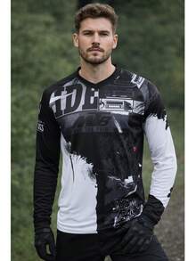 TELEYI Men's Graffiti Print Long Sleeve MTB Off-Road Motorcycle Riding Jersey Top, Quick-Dry Breathable Black Sports - Black - View 8