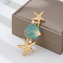 1件海洋主题度假风贝壳海星胸针，女士日常休闲佩戴 - 金黃色 - 查看 2