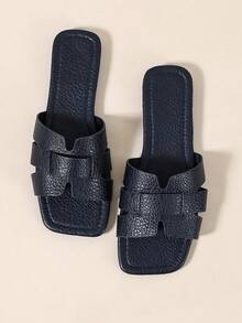 Ximi Ruo New Spring/Summer Fashion Casual Strap Slide Sandals, Comfortable Flat Heel Round Toe Beach Slippers, Versatile Slip-On Sandals For Women - Navy Blue - View 2