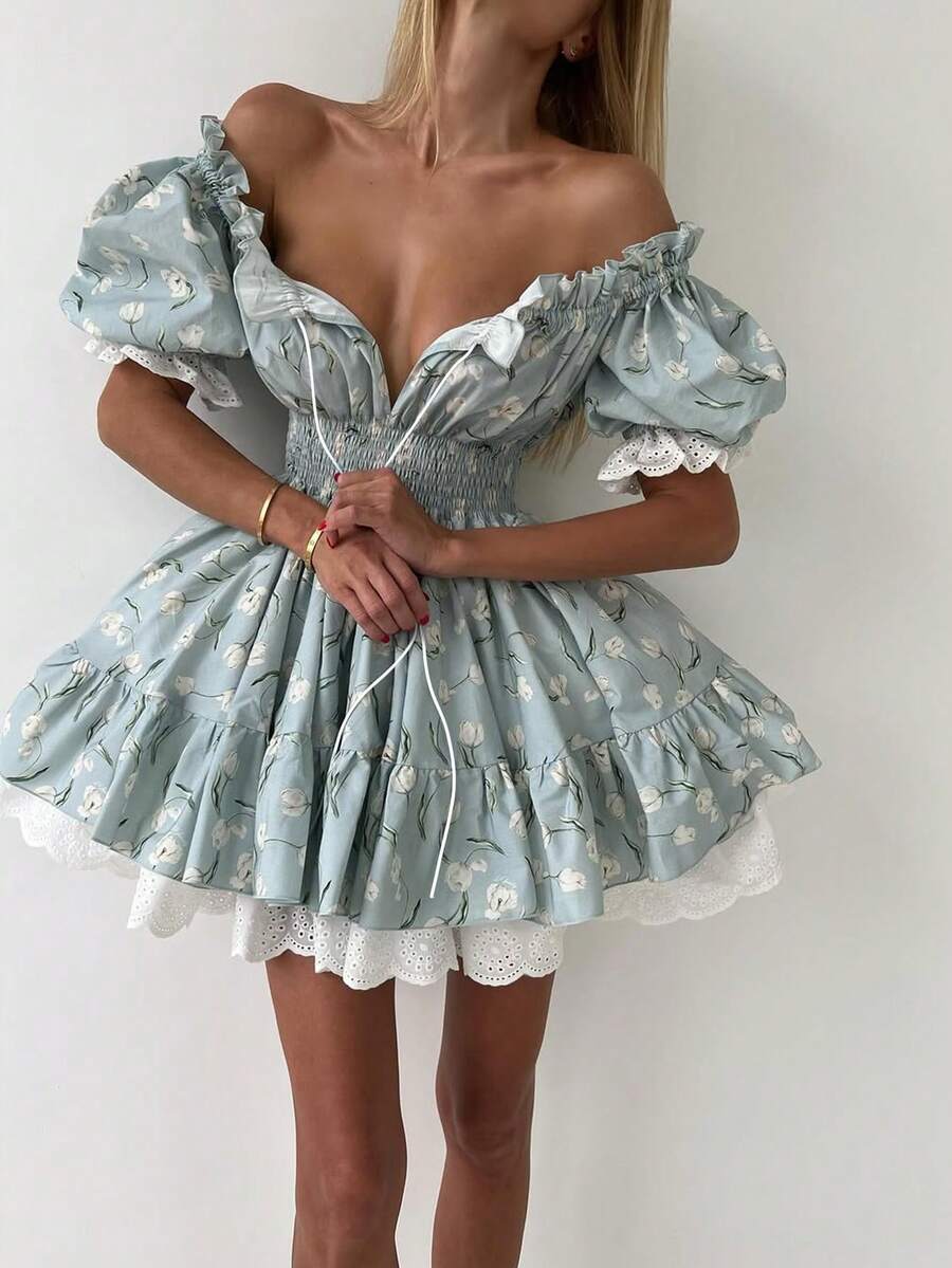 Women's Blue Ditsy Floral Sexy Cute Romantic Countryside Sweet Off-Shoulder Contrast Color Lace Patchwork Tie Waist Mini Dress, Suitable For Daily Outing, Dating, Vacation, Street Photography And Various Occasions, Spring/Summer Elegant - Baby Blue - View 1