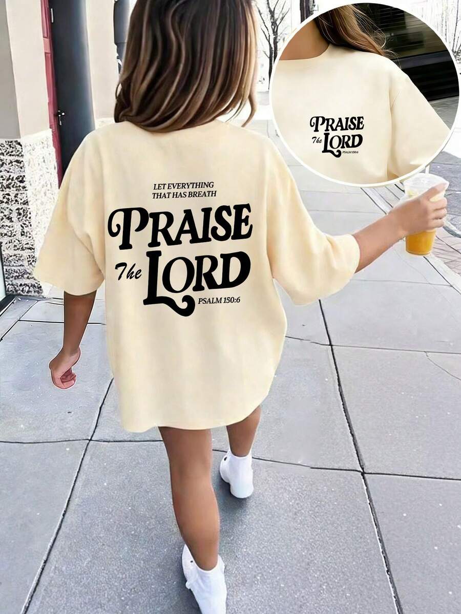 Teen Girl Casual Funny Print Crew Neck Short Sleeve T-Shirt, Summer Top - Apricot - View 1