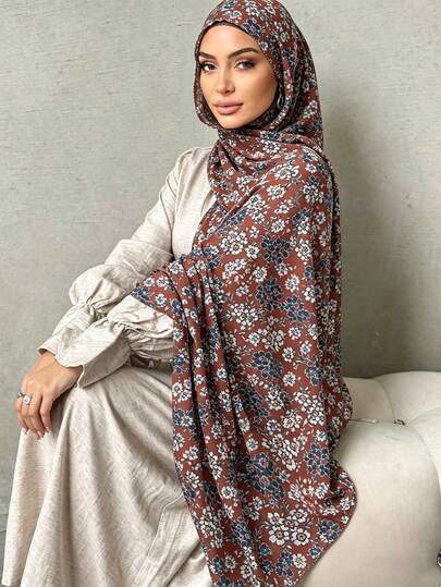 1pc Printed Chiffon Hijab, Floral Pattern Muslim Rectangular Scarf For Women