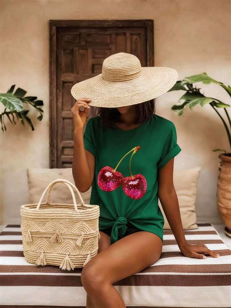 Spring Holiday Clothes, Women's Holiday Clothing, Women's Printed Crop Tops For Spring - 綠色 3 - 查看 4
