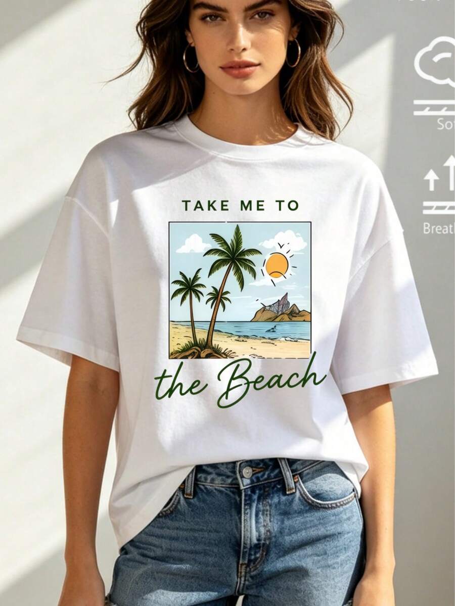 Women's Round Neck Short-Sleeved Pure Cotton T-Shirt, Casual Regular Style, Printed With "Take Me To The Beach" Pattern, Slightly Stretchy Fabric. - Island Illustration In White - View 1