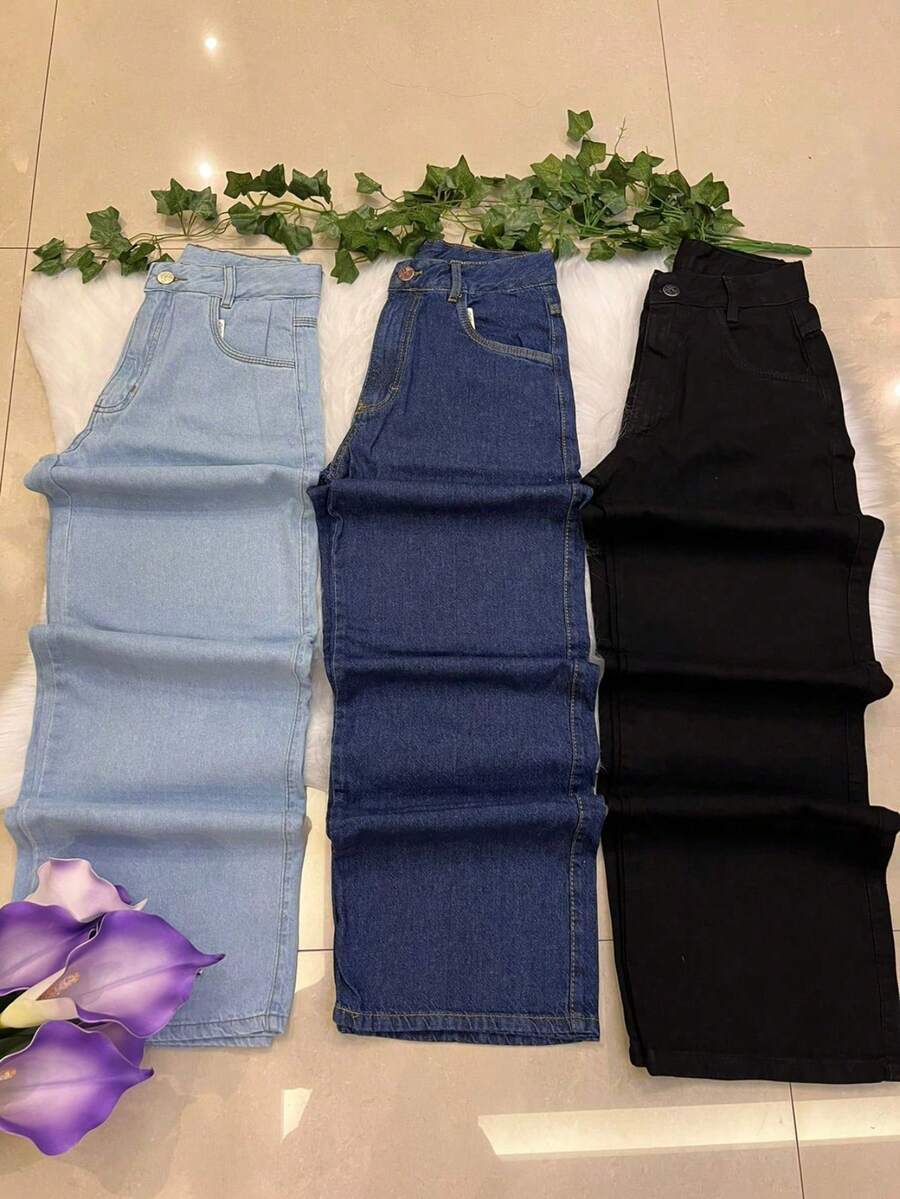 H MODA 2-PIECE KIT Of Women's Wide Leg Jeans, 100% Cotton, AMONG 3 COLORS, RANDOM 2 PIECES - 淺藍色 - 查看 1