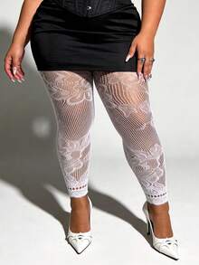 Legging Cropped de Rede para Mulheres Plus Size, Meia-Calça Jacquard Floral, Meia-Calça de Rede Sexy, Adequada para Halloween, Natal, Festa e Uso Diário - Branco - Visão 2