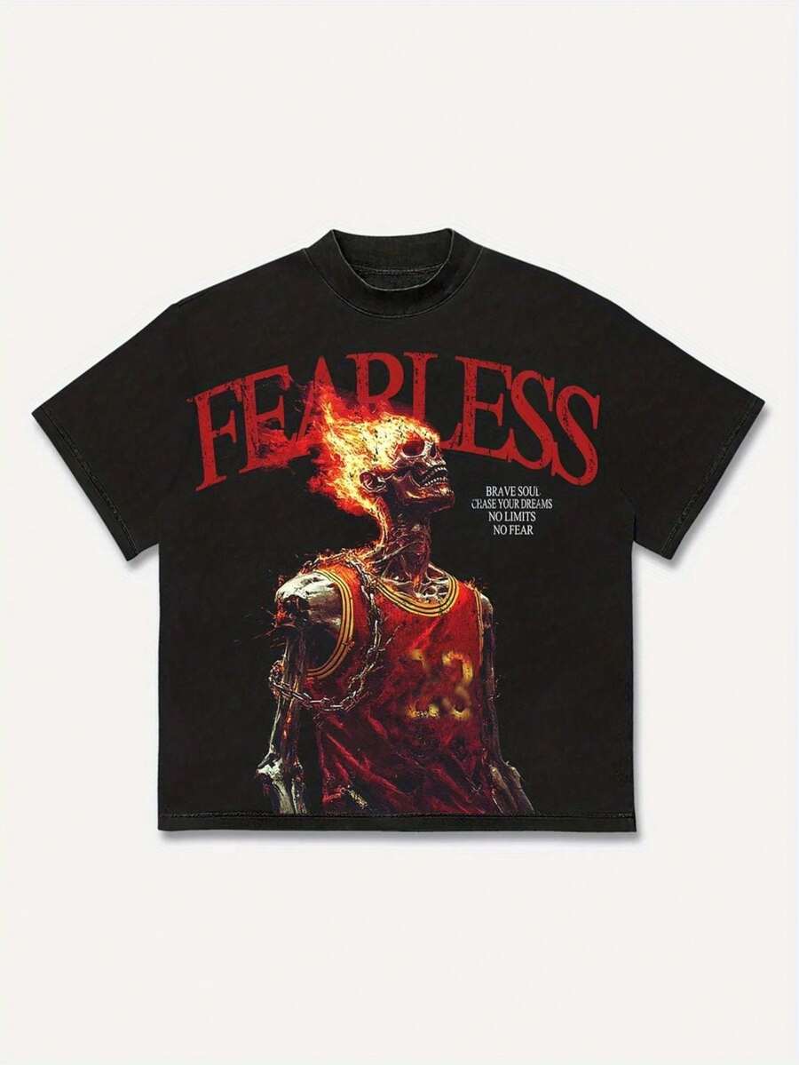 100% bomull Y2K hip-hop street sweatshirt t-shirt, med en grafik av ett hoppskelett med lågor, baskettröjadesign, kedja och slående rött texttryck - avslappnad t-shirt med rund hals och korta ärmar, lämplig för urban mode, gym och konserter. Sommartoppar, skjortor, t-shirts, damtoppar, t-shirt, pullover, festival-t-shirt, -shirt, -skjortor, t-shirt, gym, sommaroutfits - Svart - Visa 1