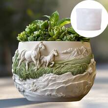 Steed Grass Running Relief Plants Flowerpot Silicone Mold Two Horses Strolling In The Valley Grass Resin Plaster Flowerpot Mold Cute Horse Cement Concrete Flowerpot Mold Beauty Crafts Mold - A - View 3