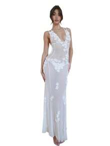 Sensual Short Dress With Deep Neckline, Sheer Mesh And Open Back - White - View 4