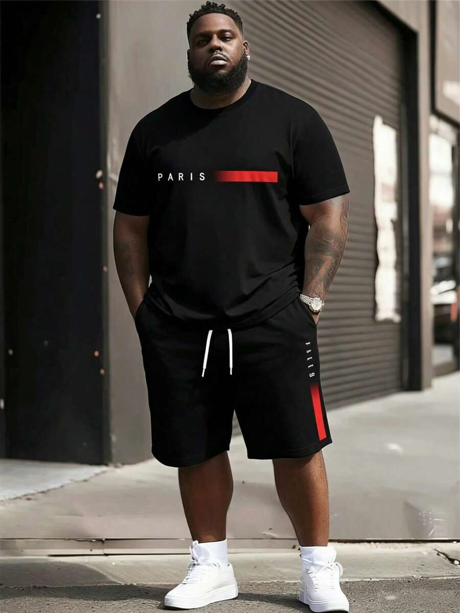 2pcs/Set Plus Size Men's Paris Print Short Sleeve T-Shirt And Drawstring Shorts, Casual Sports Regular Tee And Pants Set, Suitable For Spring/Summer, Great As A Gift - Multicolor - View 1