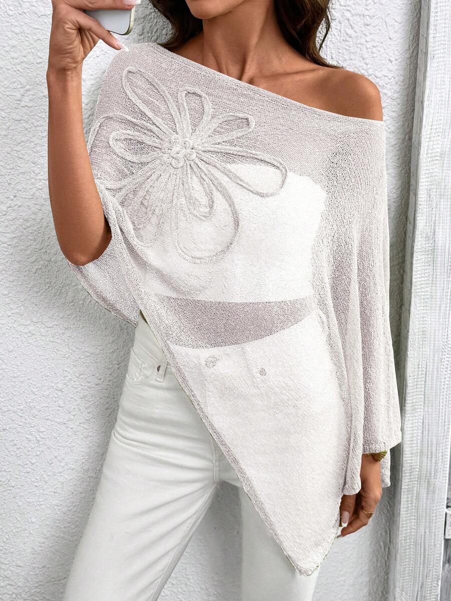 Áo len dệt kim dáng poncho rộng thoải mái phong cách casual cho nữ, thêu bất đối xứng, màu trơn trắng, mặc mùa hè