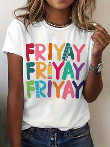 New Fashionable Women's T-Shirt With "Happy Friday Teacher Mom Life" Print - Casual Short Sleeve Crew Neck T-Shirt With "FRIYAF" Inscription - Exclusive Spring/Summer T-Shirt For Moms And Teachers - Unisex Vintage Urban Style Loose Cotton Crew Neck Short Sleeve T-Shirt - 白色 - 查看 6