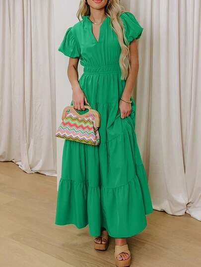 Acelitt Fresh Green Solid Color Elegant V-Neck Short Petal Sleeve High Waist Layered Casual Maxi Dress, Summer