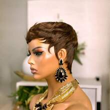 Peruca Pixie Curta de Cabelo Humano 1B, 4#, 99J, 4/33 Colorida Peruca Pixie para Mulheres, Peruca Curta Preta de Cabelo Humano Real Brasileiro para Uso Diário 150% de Densidade Perucas Curtas em Camadas com Franja Sem Renda Frontal Peruca Sem Cola Colocar e Ir Perucas - Multicolorido - Visão 2