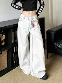 1pc Women's American Street Style Vintage Wide Leg Loose Minimalist All-Season Denim Jeans Long Pants Casual White - White - View 6