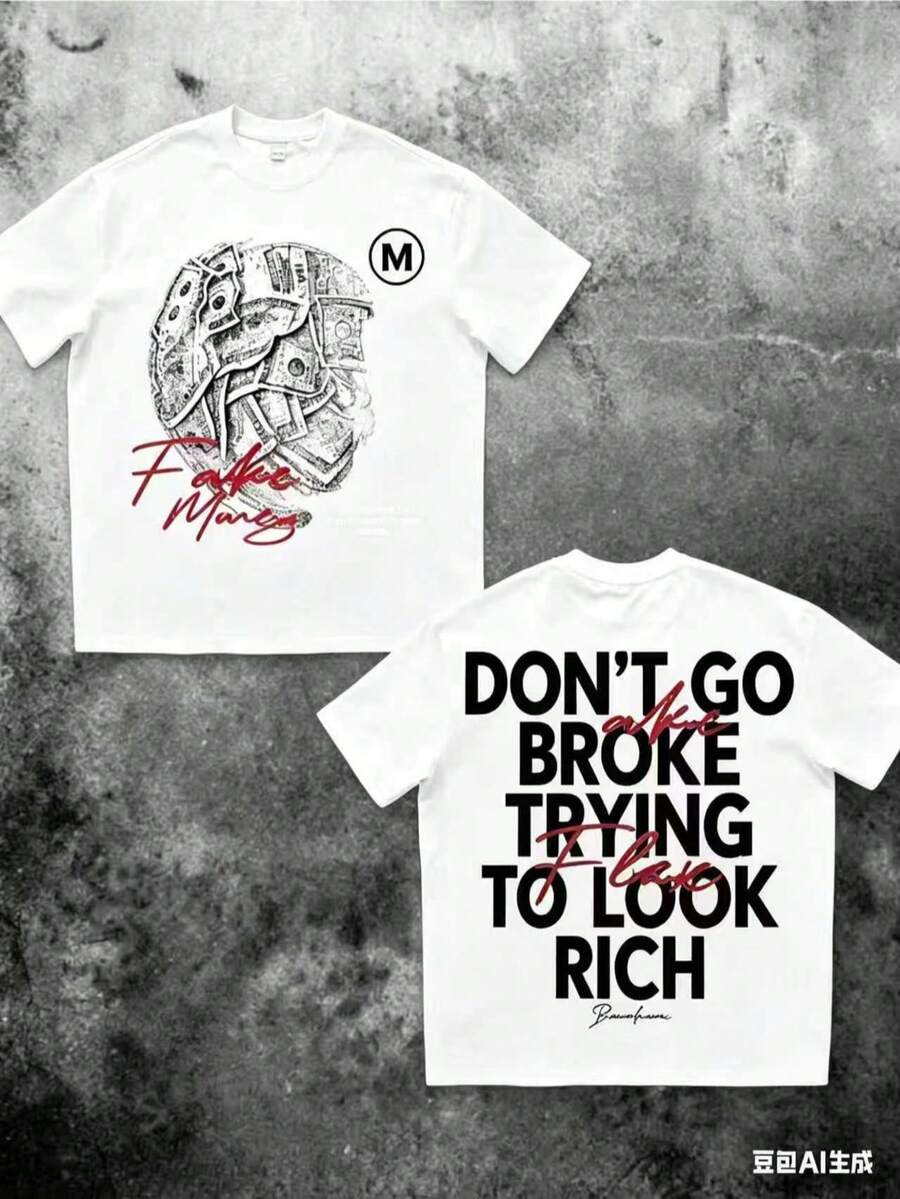 Money Graphic% Cotton Shirt Don'Go Broke Trying To Look Rich Statement Double Sided Streetwear 220gCasual Short-Sleeve-Shirts Men And Women - 白色 - 查看 1