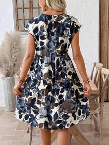 Vestido midi de verano para mujer, con cuello redondo, manga corta y estampado floral retro.Tejido transpirable y cómodo, ideal para looks elegantes y casuales de primavera-verano. - Multicolor 2 - Ver 2