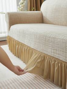 1pc Plush Checkered Jacquard Skirt Edge Stretch Sofa Cover, Dust-Proof And Dirt-Resistant, Elastic Full Coverage Sofa Protector, Living Room Home Decor, Machine Washable, Pillow Cover Not Included - Beige - View 9