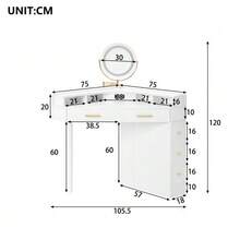 Corner Dressing Table, Modern Dressing Table With Rotating (Dimmable Light), 5 Drawers, White - W105.5 X D75 X H120 Cm - 白色 - 查看 9