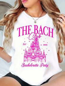100% Cotton The Bach Club Est 2026 Cute Pink Castle Wedding Bachelorette T-Shirt Women Graphic T-Shirt Cotton Print Short Sleeve Casual Top, Summer Tee Womens Tops - 白色 - 查看 11