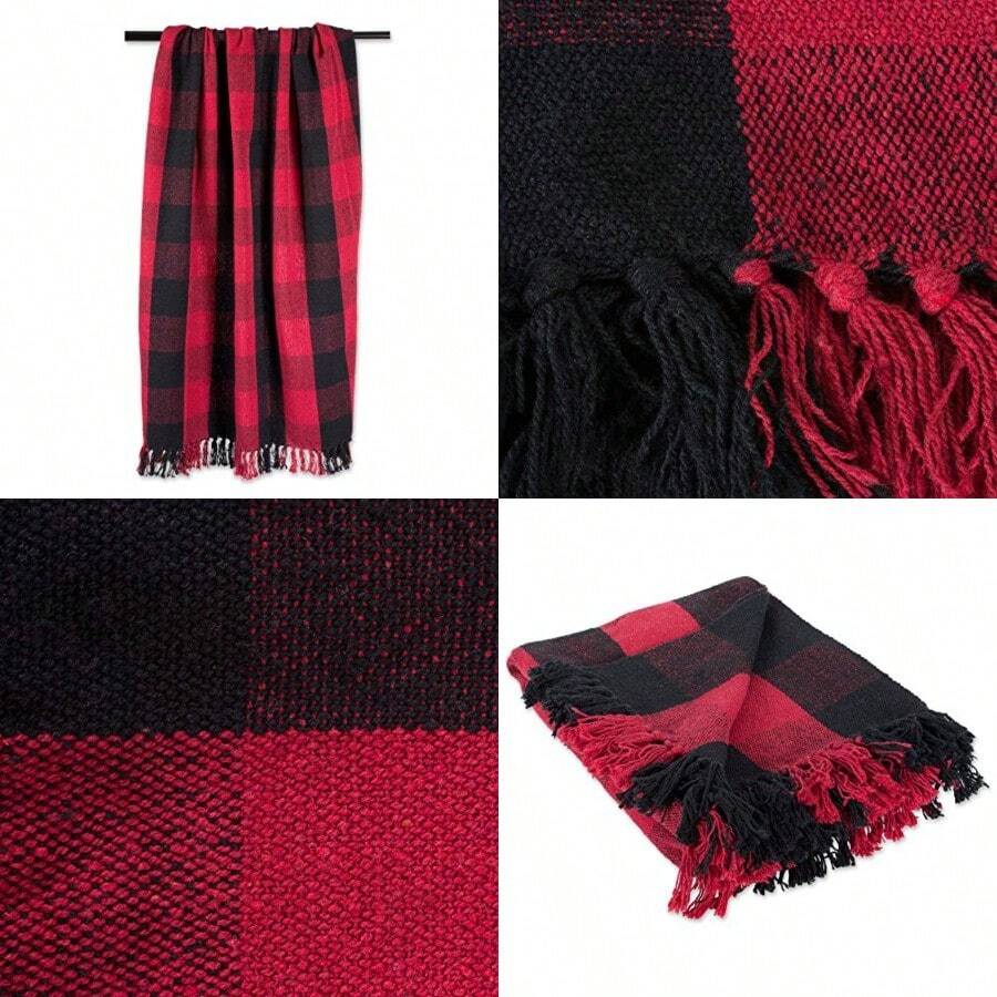 DII Buffalo Check Collection - Manta rústica con borlas 50 x 60 Pulgadas Color Tango - Rojo/Negro - Ver 1