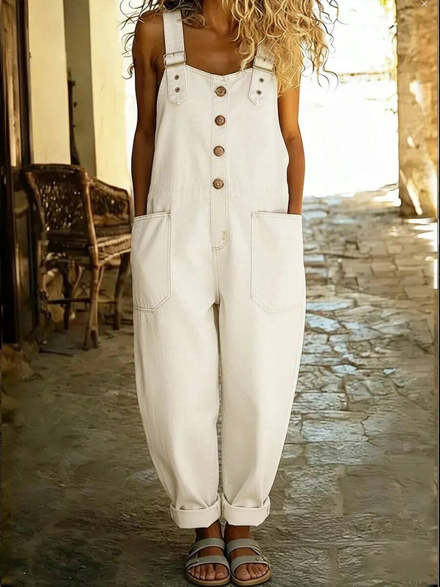 Women's Denim Overalls Jumpsuit, Loose Wide Leg Jeans With Adjustable Straps And Pockets, Vacation Outfits Women For Fall Streetwear - 白色 - 查看 1