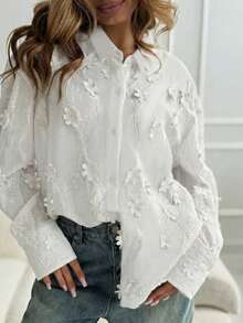 Áo sơ mi trắng cài cúc phía trước, họa tiết hoa, tay dài, thích hợp mặc công sở và hẹn hò cho nữ. - trắng - Xem 3