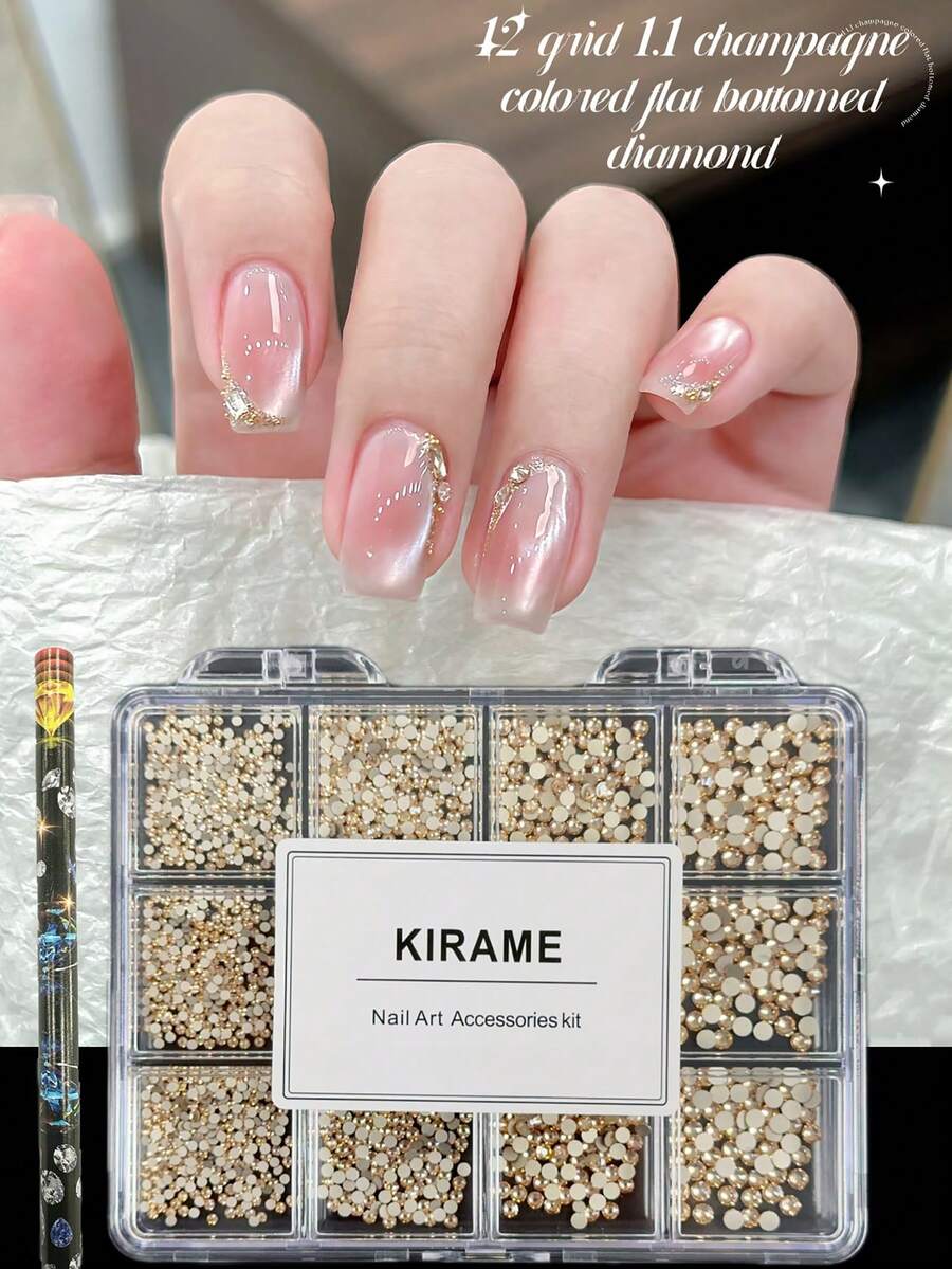 KIRAME 1800顆香檳色平面圓形水鑽，高品質超亮指甲飾品套組附1支點繪筆，1.2-6mm閃亮指甲水晶，適用DIY居家美甲、美甲沙龍、居家美甲藝術、美甲用品、夏季與旅行美甲、節日禮物
