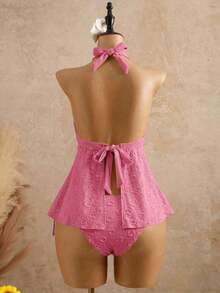 2026 Bellisia Vestido elegante de mujer con estampado de lunares, tela texturizada, camisola relajada para vacaciones, bikini amarillo tipo tankini para playa.Conjunto de playa de mujer para verano 2026, temporada de graduación, boda, regreso a clases, Pascua.Camisola de verano casual y linda, con textura de punto, detalles de volantes, en estilo dulce, romántico y campestre. - Albaricoque - Ver 3