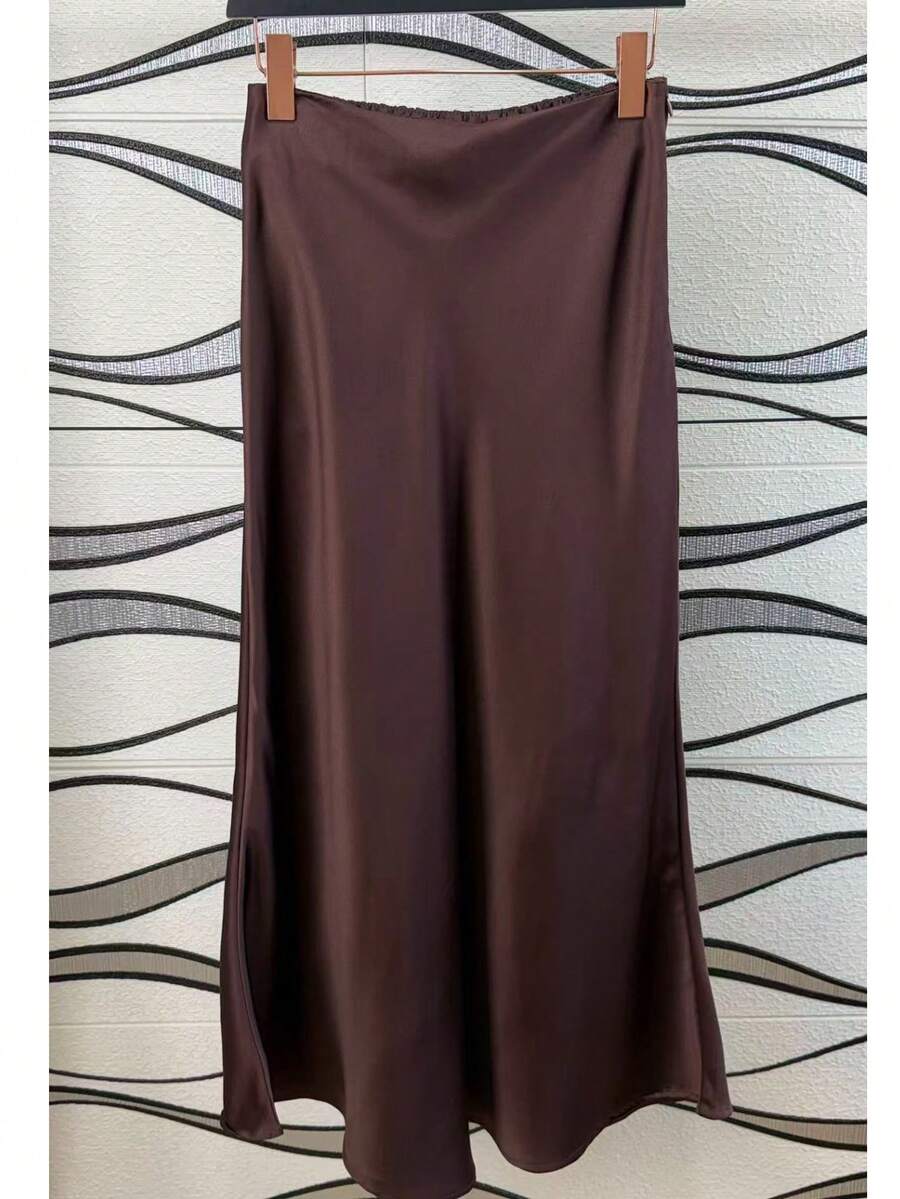Women's Long Satin Skirt With Zipper. - 咖啡棕 - 查看 1