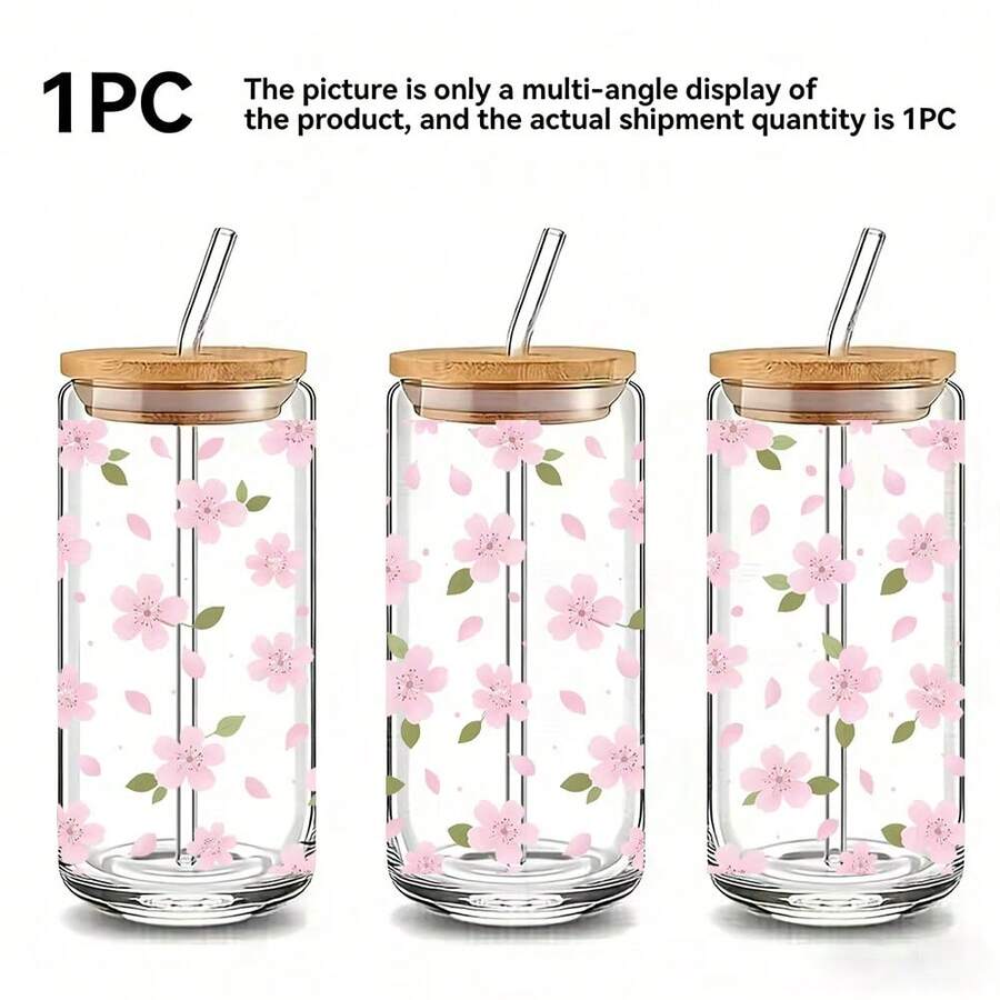 1pc/5pcs 16oz Sakura Glass Cup With Wooden Lid And Straw, Transparent Sakura Iced Coffee Cup, Spring Water Bottle For Daily Use - Multicolor - Cherry Blossom - View 1