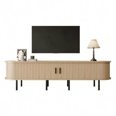 Rectangular TV Cabinet With Sliding Doors, 2 Open Compartments, Living Room Media Unit, MDF Material, Metal Feet, Rounded Corners, Modern