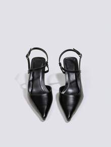 女士高跟礼服鞋，黑色漆皮尖头搭扣露趾鞋，玛丽珍派对鞋，无后跟系带高跟鞋，高跟凉鞋 - 黑色 - 查看 2