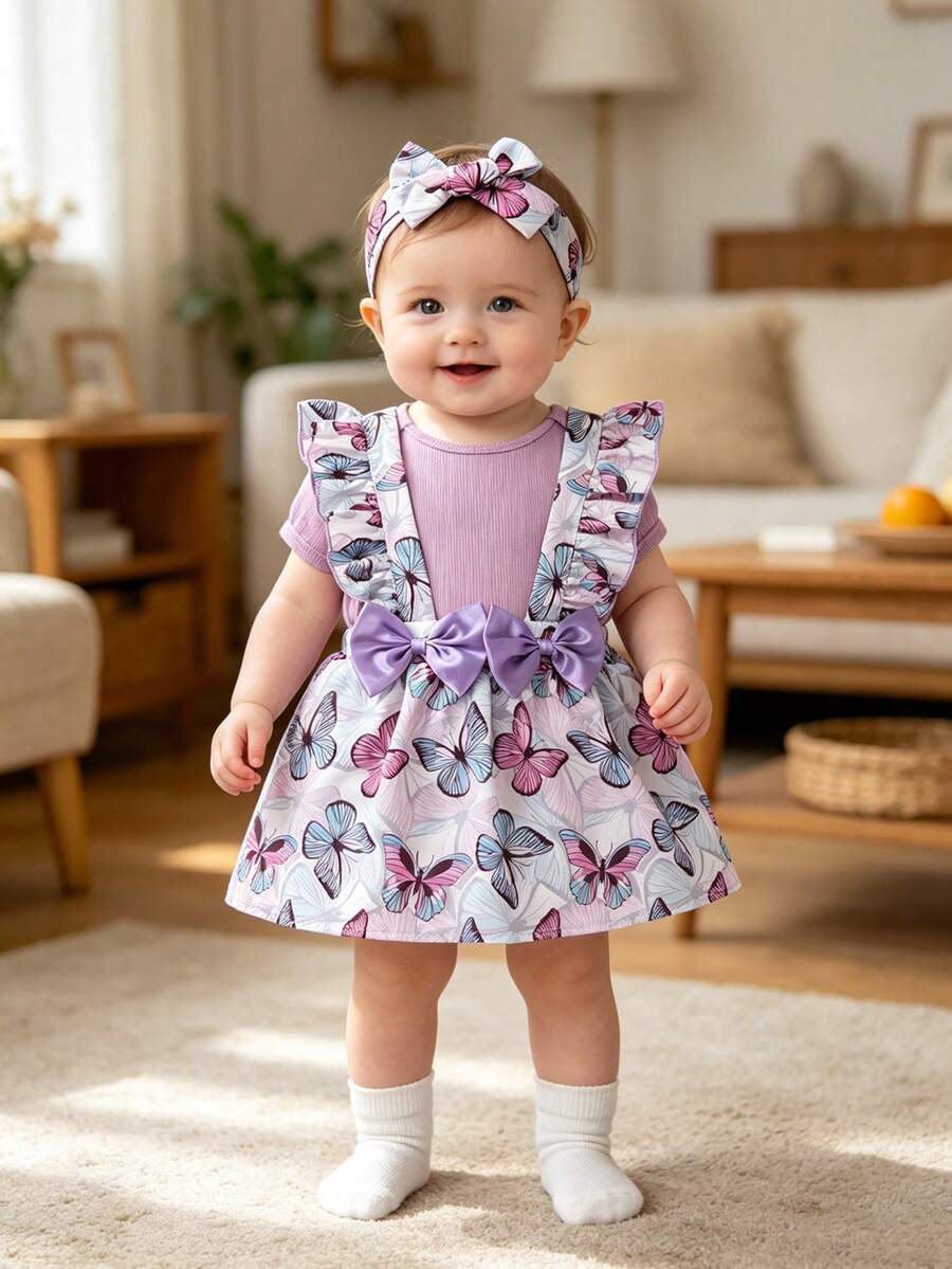 Set de 3 piezas de ropa de primavera/verano para niñas, incluye body con moño, vestido con estampado de mariposa y falda de tirantes, adecuado para fiestas, uso en casa y al aire libre - Morado Violeta - Ver 1