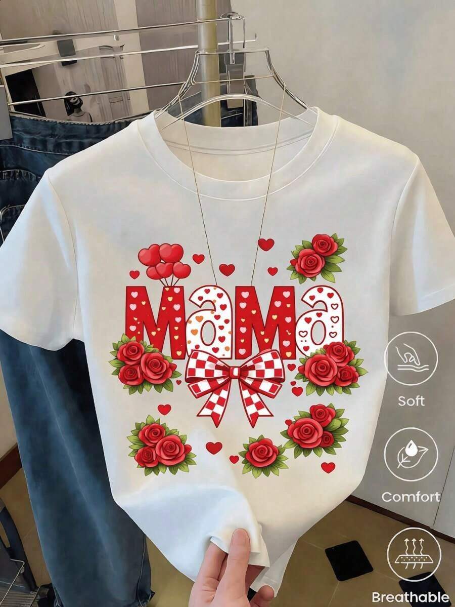 Camiseta Mama con Rosas Rojas y Corazones | Playera Día de la Madre | Regalo Perfecto para Mamá - Blanco - Ver 1