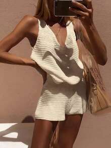 Conjunto de 2 piezas para mujer estilo casual de vacaciones, elegante y sexy, minimalista, unicolor, top sin mangas con cuello en V + shorts de pierna ancha con cintura elástica, primavera/verano - Albaricoque - Ver 5