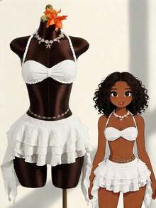 Conjunto de traje de baño de 3 piezas para mujer con top bandeau de unicolor, cuello alto fruncido y bajo fruncido, hecho de tela especial trenzada - Blanco - Ver 7