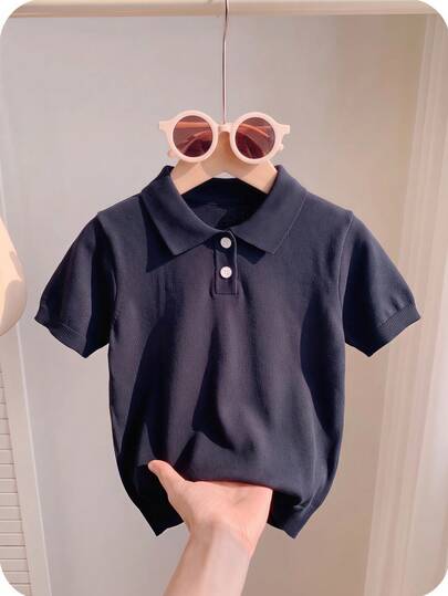 Boys' Solid Color Polo Collar Short Sleeve Knit Sweater, Lightweight Pullover Suitable For School & Everyday Wear, Spring/Summer/Autumn