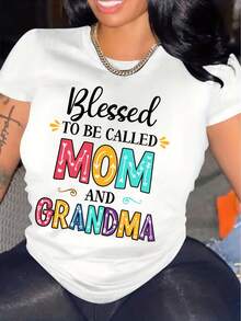 GiftGiftSummer Fashion Women's Clothing Loose Fit T-Shirt With Letter Print 'Blessed To Be Called Mom And Grandma' Soft Casual Short Sleeve T-Shirt For Women - 白色 - 查看 7